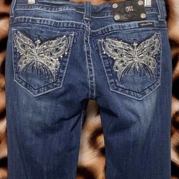 Miss Me Dark Blue Boot Cut Jeans with Embroidered Butterfly Pockets - Picture 1 of 5
